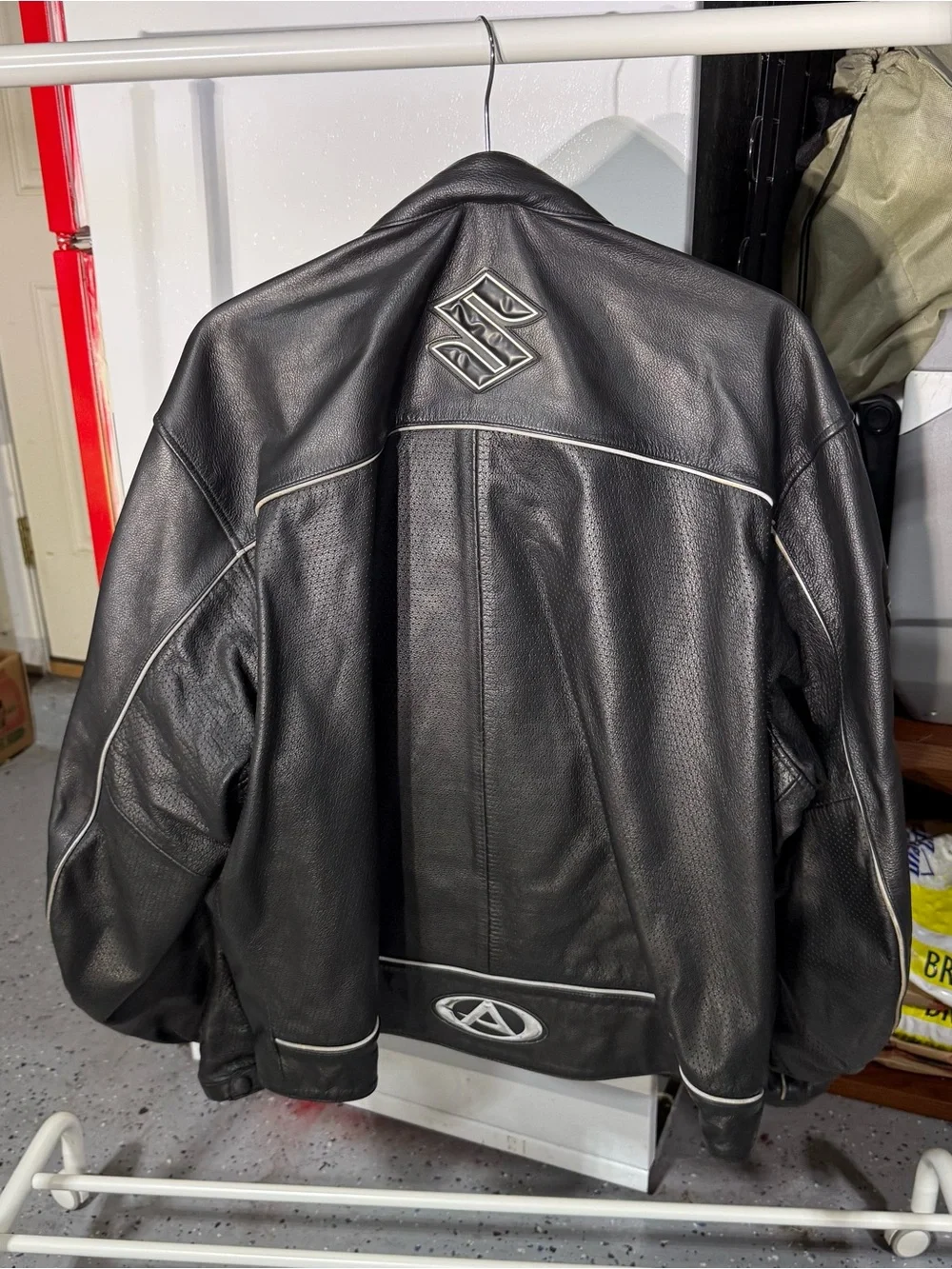 vintage agv sport suzuki logo black leather motorcycle jacket 52 mens US size L